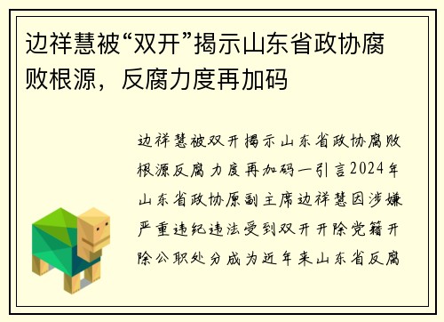 边祥慧被“双开”揭示山东省政协腐败根源，反腐力度再加码
