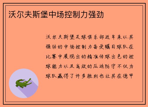 沃尔夫斯堡中场控制力强劲 沃尔夫斯堡中场控制力强劲