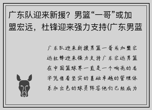 广东队迎来新援？男篮“一哥”或加盟宏远，杜锋迎来强力支持(广东男蓝新外援)