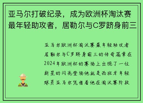 亚马尔打破纪录，成为欧洲杯淘汰赛最年轻助攻者，居勒尔与C罗跻身前三